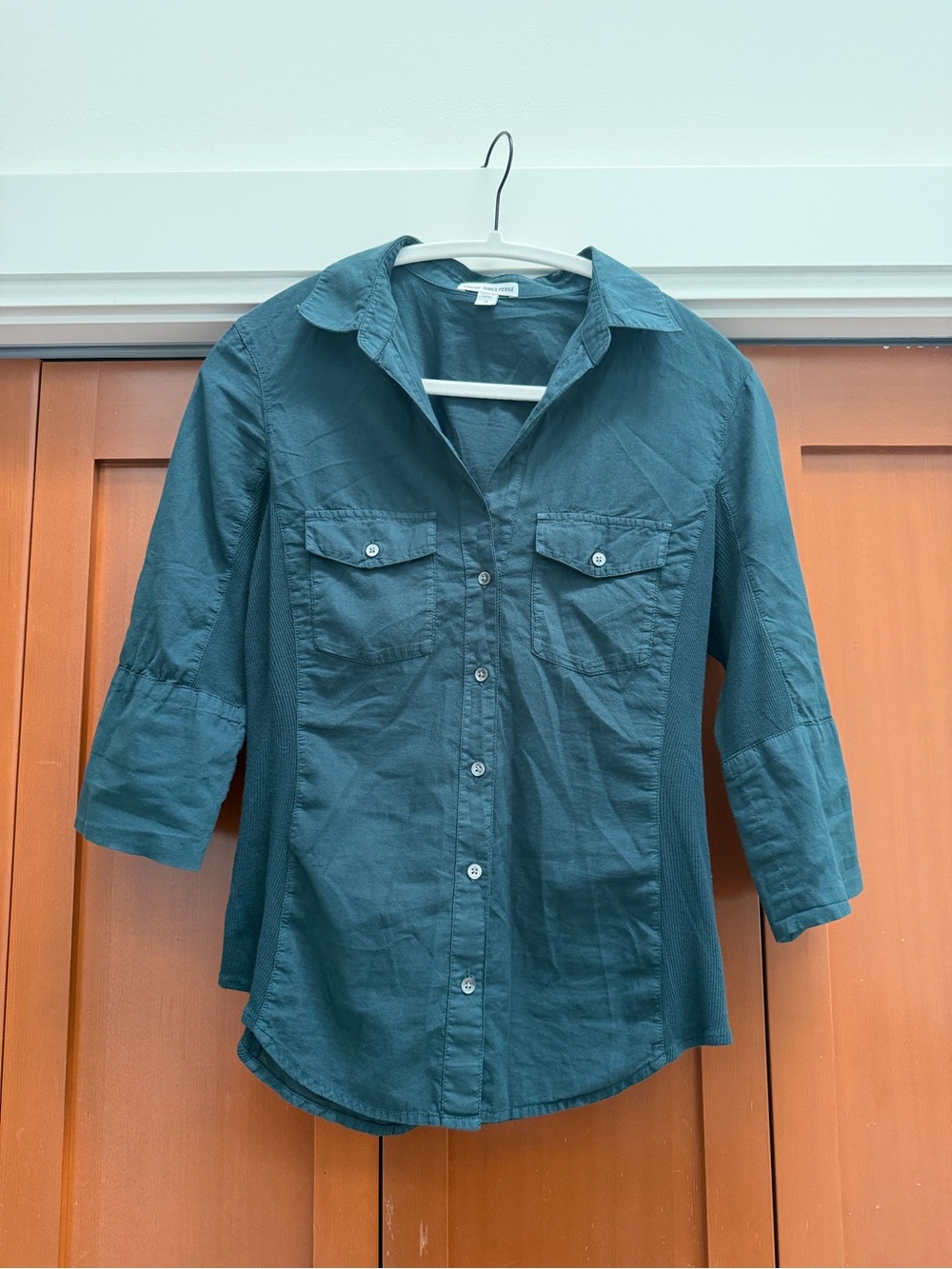 James Perse Women’s Dark Teal Button-Front Shirt Casual Collared Top